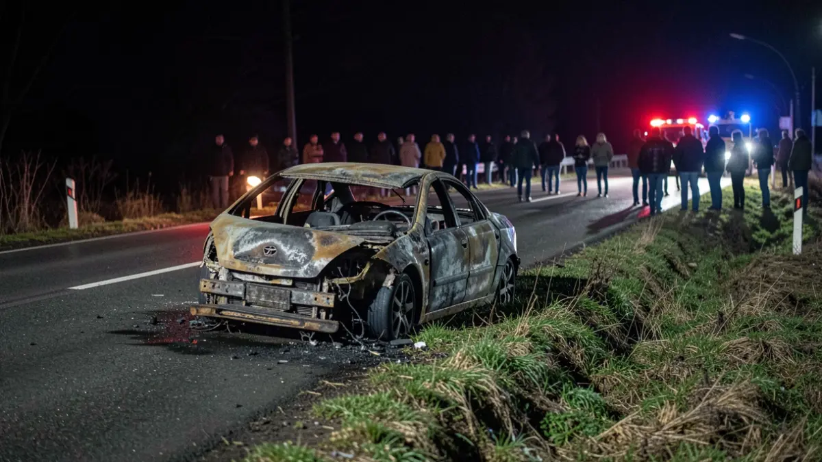 Imaxe xenérica dun coche completamente calcinado á beira dunha estrada rural pola noite, con luces de emerxencia reflectindo no asfalto mollado.