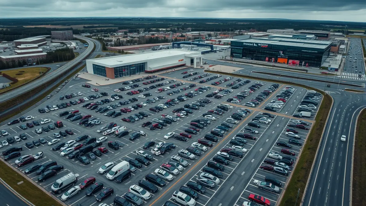 Imaxe aérea dun centro comercial con tráfico colapsado nos accesos.