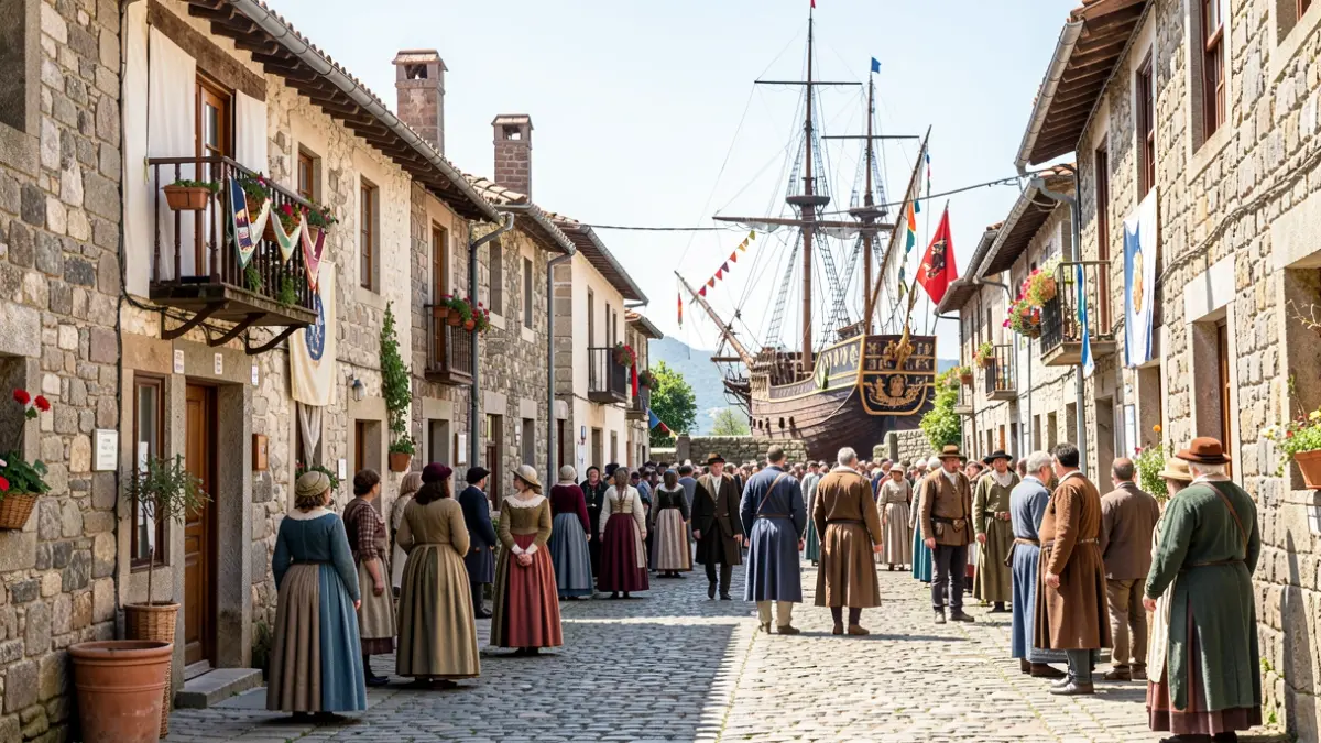 Imaxe dunha rúa medieval en Combarro decorada para a festa.
