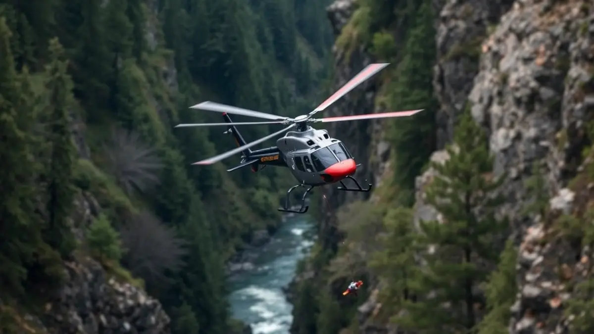 Helicóptero realizando un rescate aéreo nun canón forestal escarpado.