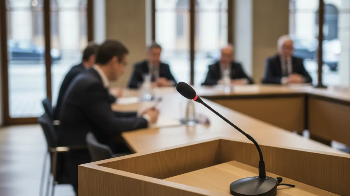 Imaxe xenérica dun micrófono nun podio, simbolizando un encontro ou debate.