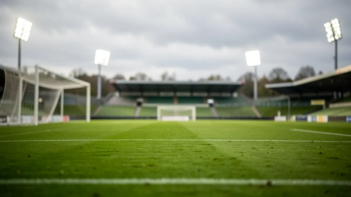 Imaxe xenérica dun campo de fútbol baleiro con herba verde e luces do estadio desenfocadas.