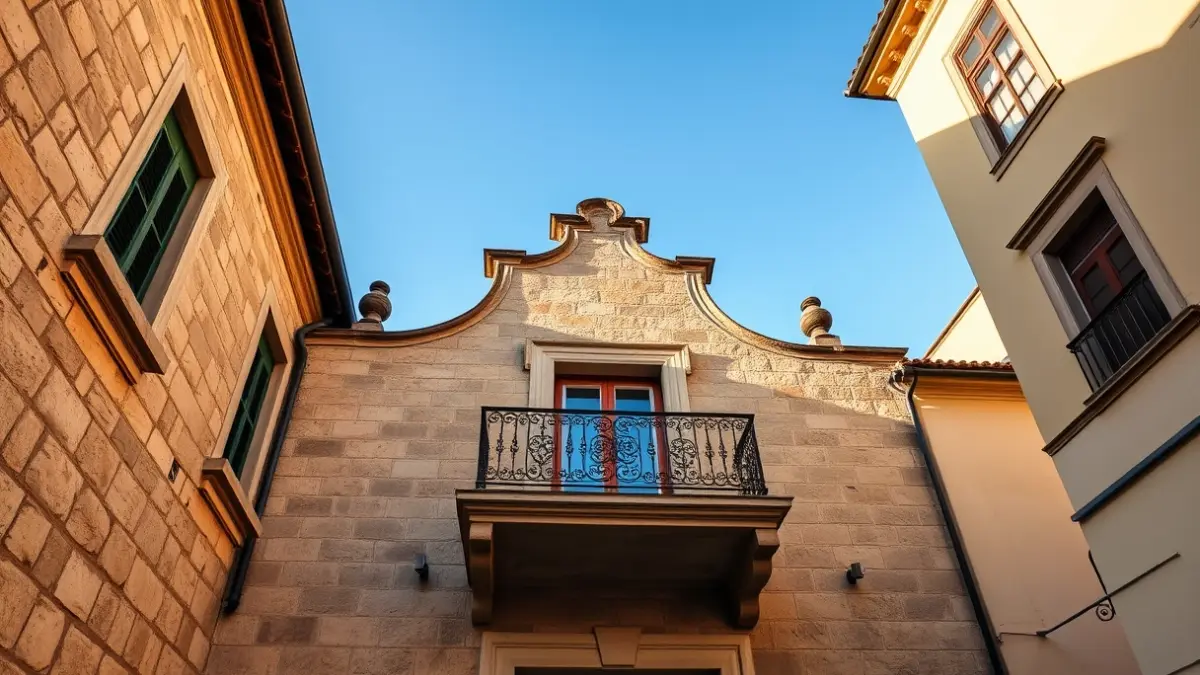 Fachada de piedra de un ayuntamiento gallego con balcón de hierro forjado.
