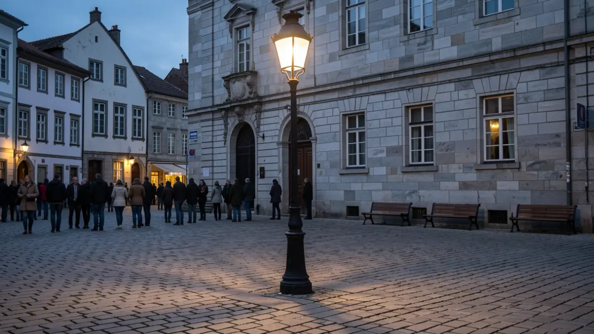 Imagen genérica de una plaza de ayuntamiento gallega de piedra al anochecer.