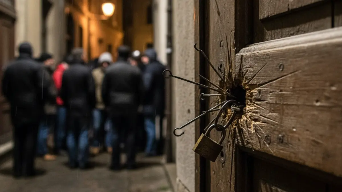 Imaxe xenérica dunha porta de madeira danada cunha fechadura forzada.