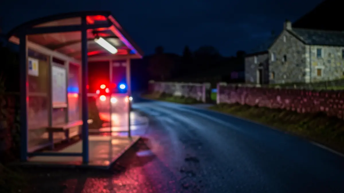 Imagen genérica de luces de emergencia reflejando en una parada de autobús mojada por la noche.