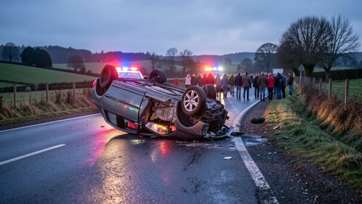 Imaxe xenérica dun coche envorcado nunha estrada rural galega con luces de emerxencia.