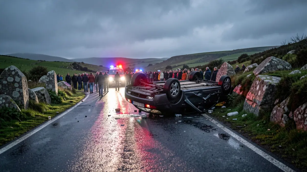 Imaxe dun coche envorcou na estrada pola noite con luces de emerxencia.