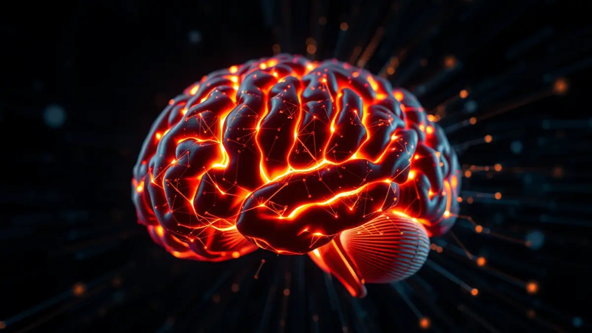 Imaxe xenérica dun cerebro humano con vías neuronais brillantes e patróns dixitais abstractos.