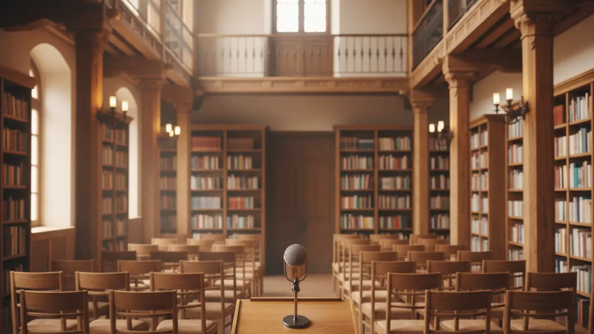 Imaxe xenérica dunha sala de conferencias ou biblioteca, con cadeiras baleiras e un podio con micrófono.