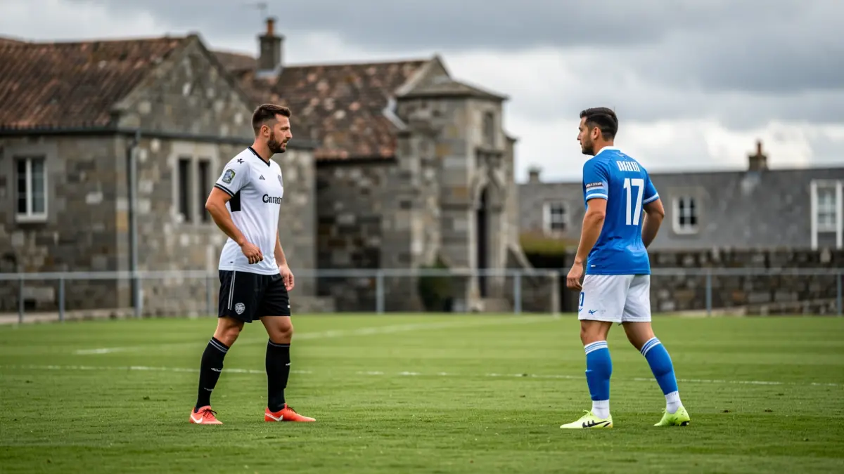 Imaxe xenérica de dous equipos de fútbol, un de branco e negro e outro de azul e branco, nun campo de fútbol en Galicia.