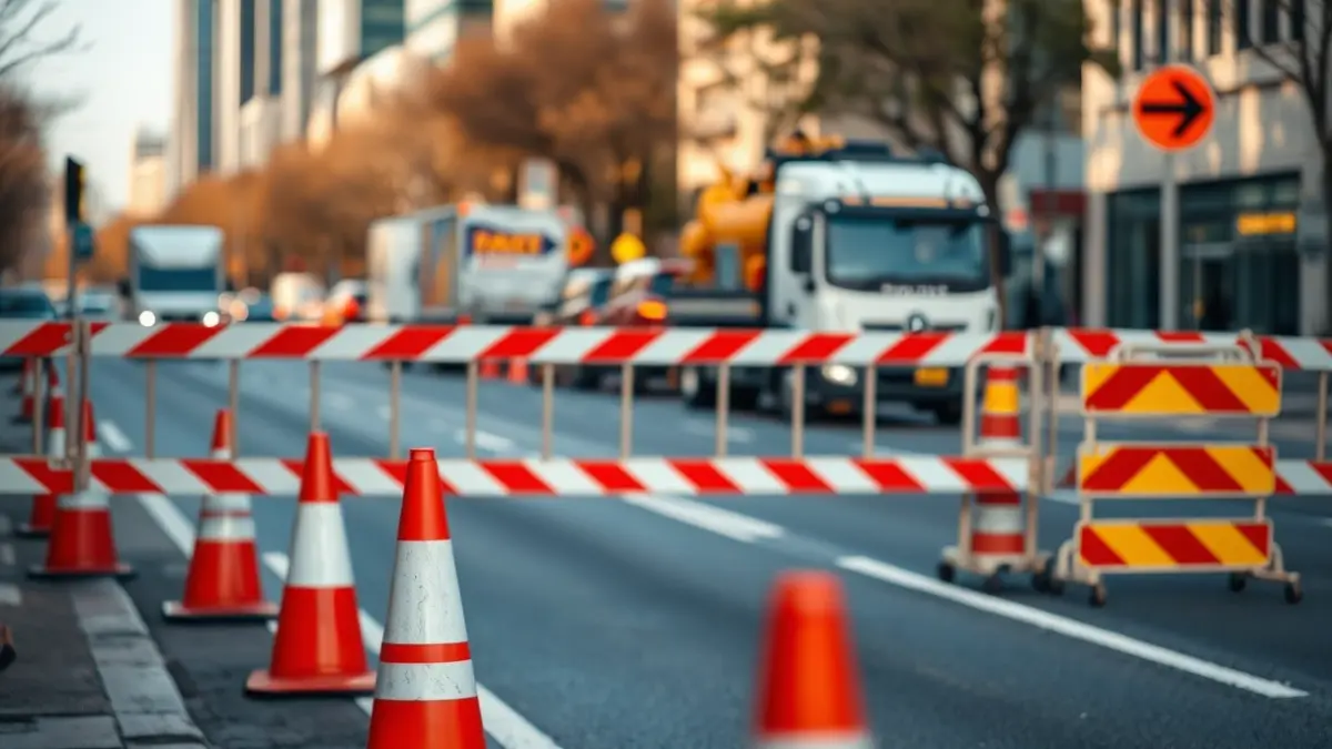 Imaxe xenérica de obras na rúa con barreiras de tráfico e conos.