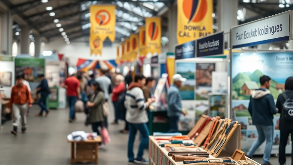 Imaxe xenérica dunha feira ou exposición con stands e visitantes.