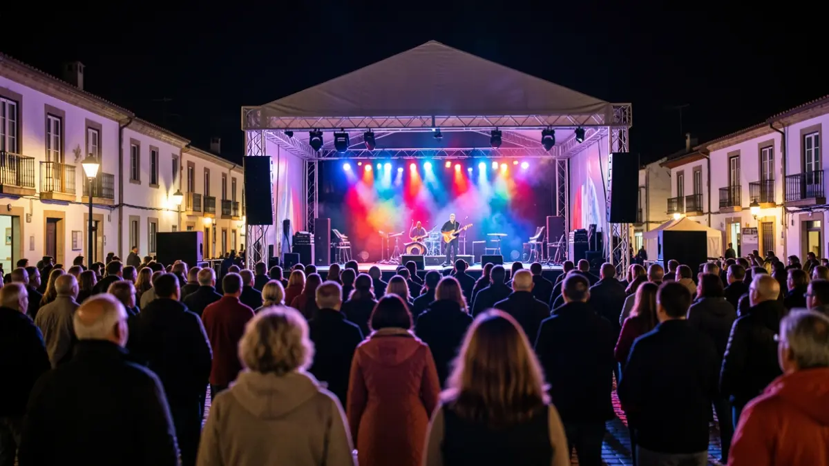 Imaxe xenérica dun escenario festivo con público nunha vila galega.