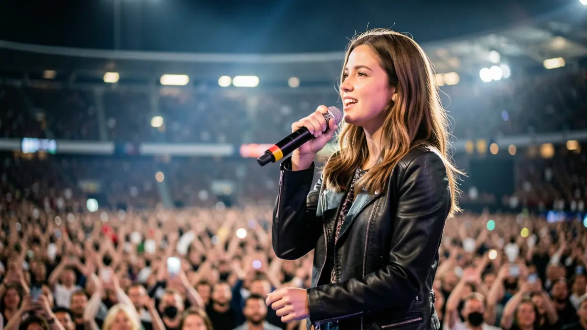 Imagen de una joven cantante actuando en un estadio ante una gran multitud.