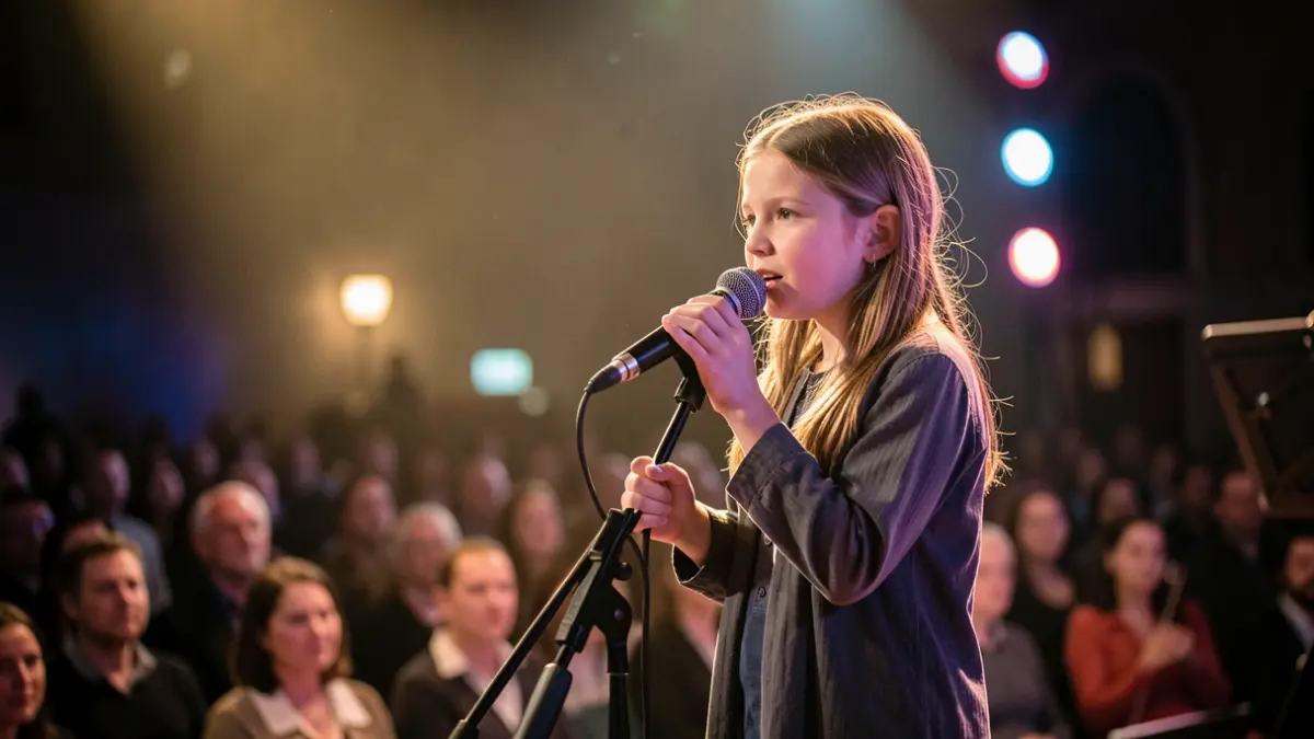 Imagen de una joven cantando en un escenario con focos.