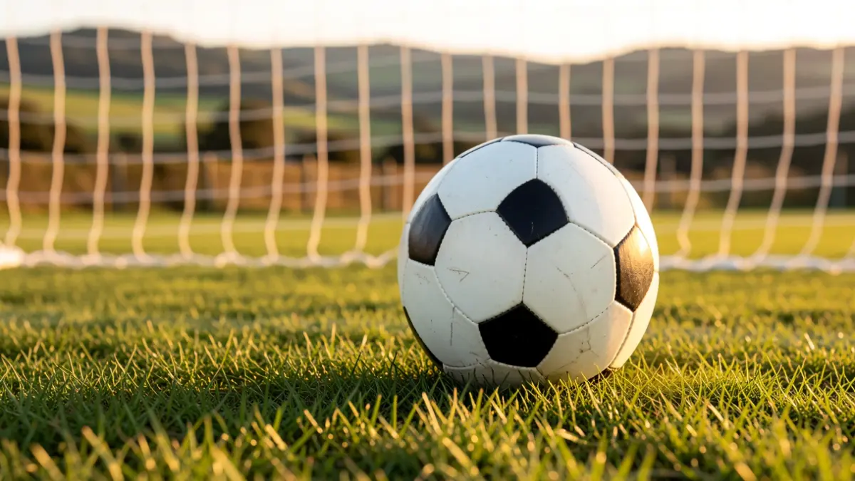 Imaxe xenérica dun balón de fútbol sobre herba cunha rede de fondo.