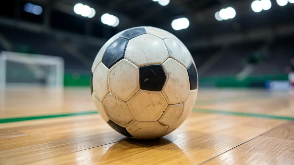 Imaxe xenérica dun balón de fútbol sala sobre unha cancha de madeira.