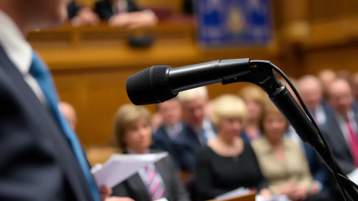 Imaxe xenérica dun micrófono nun podio, simbolizando un debate político.