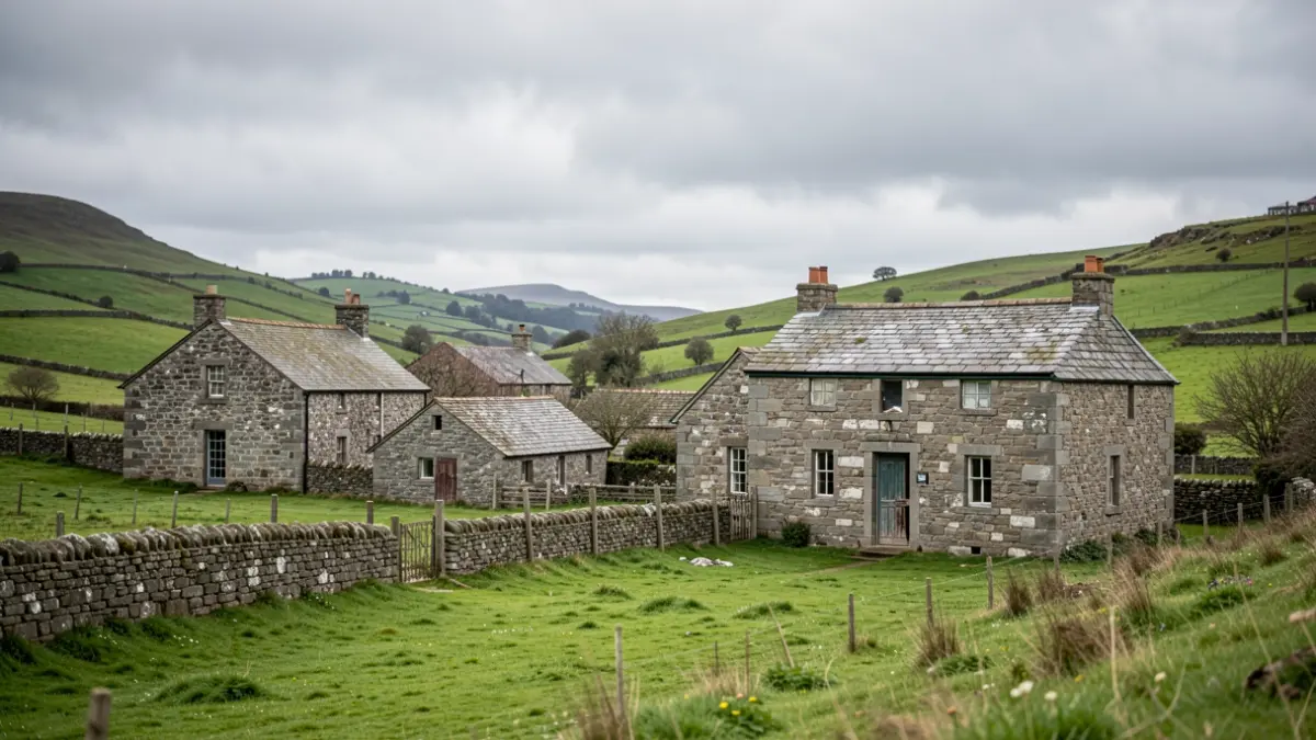 Imagen genérica de paisaje rural gallego con casas de granito y colinas verdes bajo un cielo nublado.