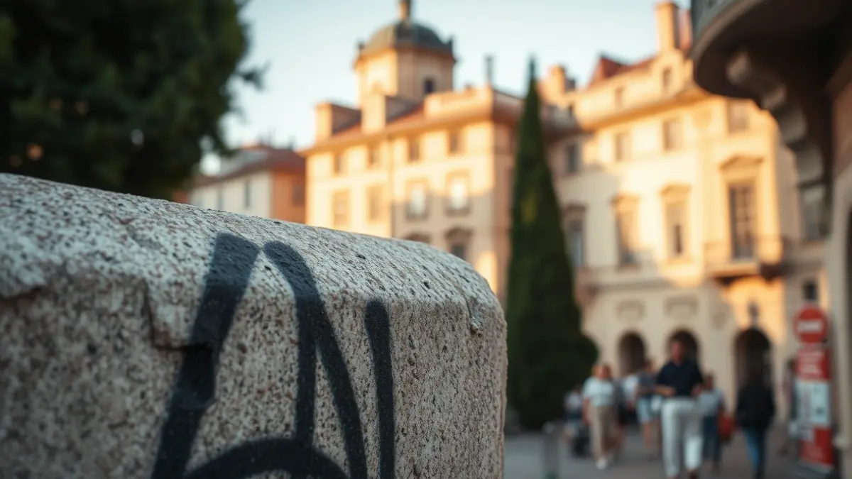 Imaxe xenérica de pintadas nunha parede de pedra no centro histórico.