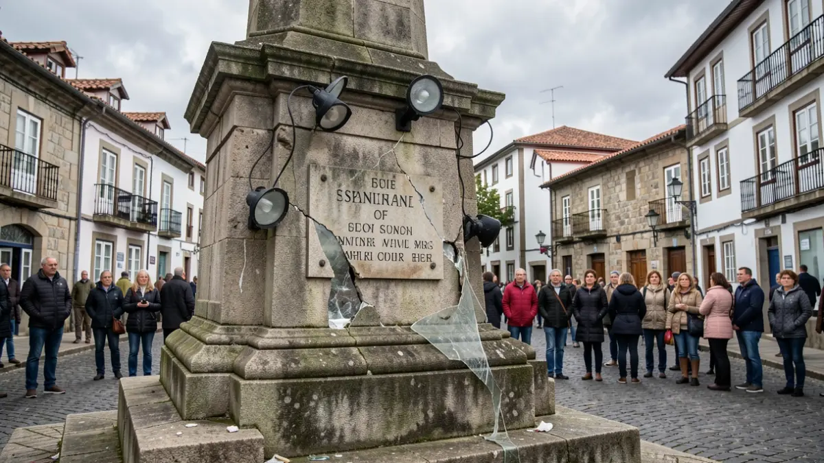 Monumento á memoria histórica en Ribeira con placa arrincada e iluminación rota.