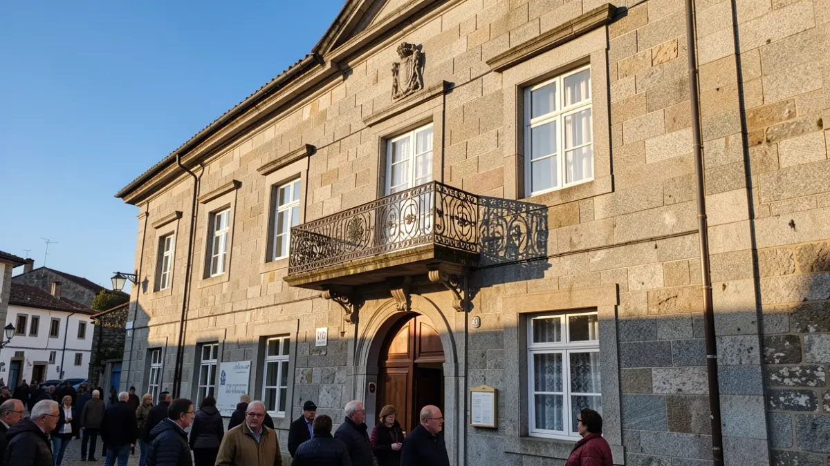 Imagen genérica de una fachada de ayuntamiento de piedra gallego con balcón de hierro, a la luz del sol de la tarde.