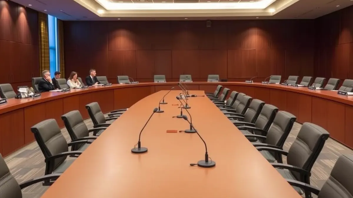 Imaxe xenérica dunha sala de reunións baleira, con cadeiras e micrófonos.