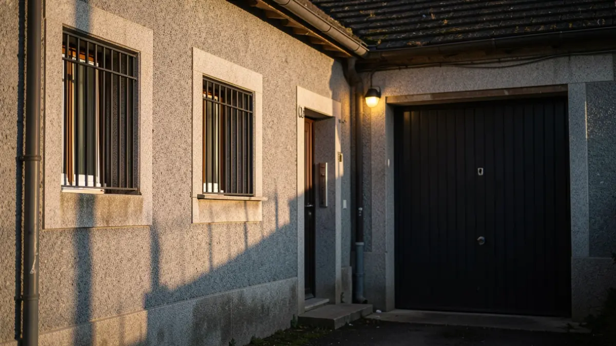 Fachada dunha casa de pedra en Lobios con fiestras tapiadas e porta de garaxe escura.