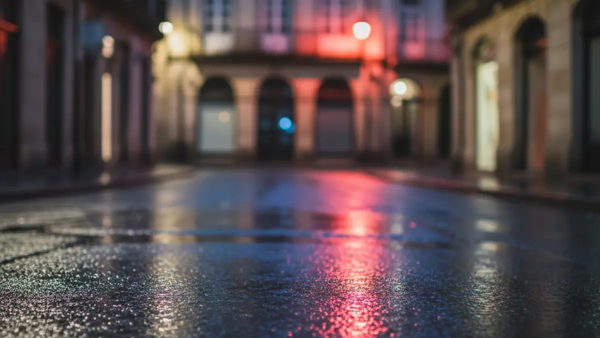 Imagen genérica de luces de emergencia reflejándose sobre asfalto mojado por la noche.