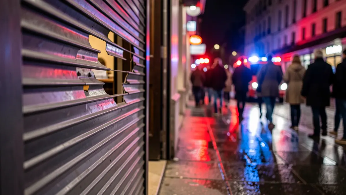 Primer plano de una persiana de cafetería rota por la noche, con luces de emergencia reflejando en el asfalto mojado.