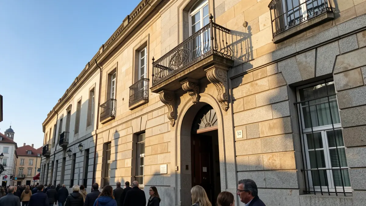 Imagen genérica de un ayuntamiento gallego de granito con balcón y barandillas de hierro, luz solar de la tarde.