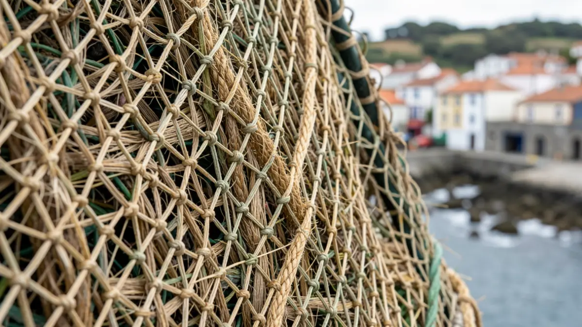 Imaxe xenérica de texturas artesanais galegas con redes de pesca e fibras naturais.