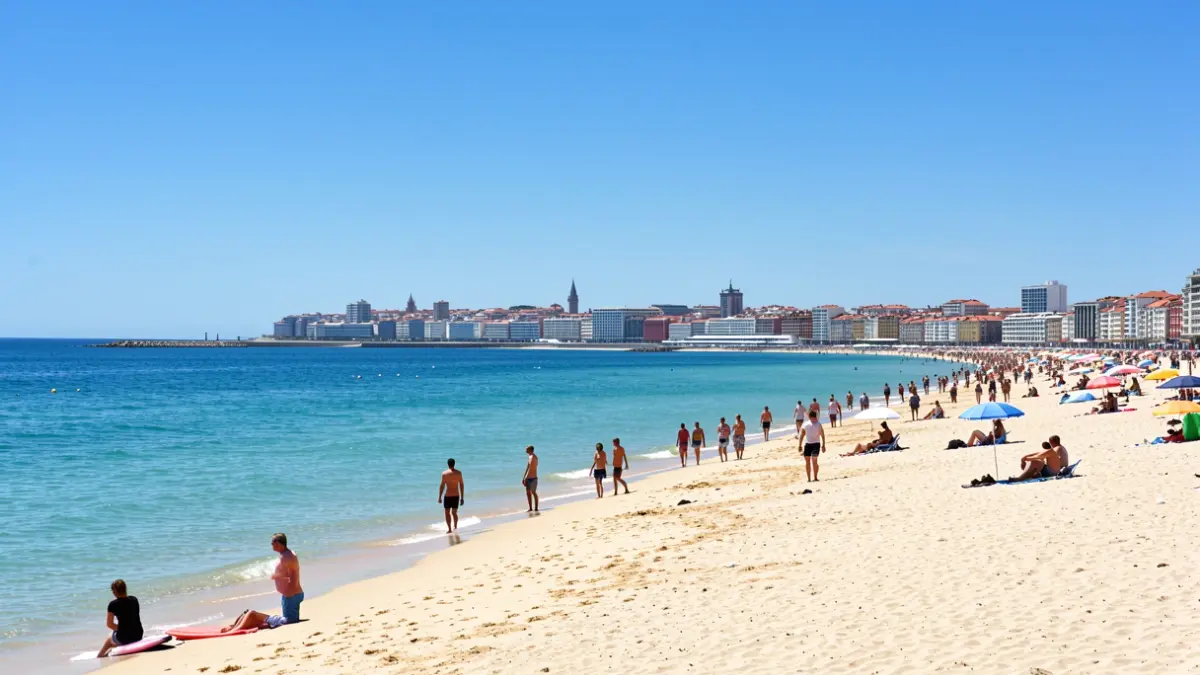 Imaxe xenérica dun día soleado na praia de Riazor, A Coruña, con ceo azul e auga clara.