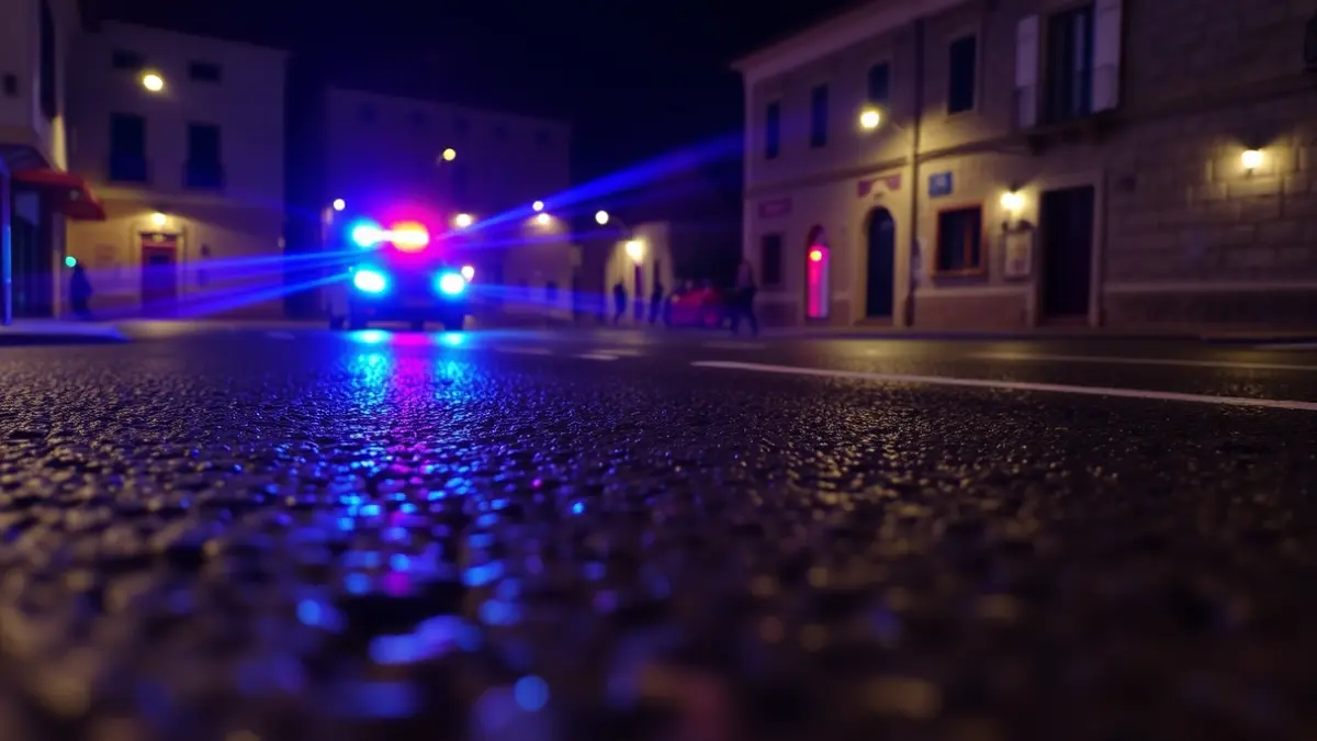 Imaxe xenérica de luces de emerxencia reflectíndose sobre asfalto mollado nunha rúa de Galicia.