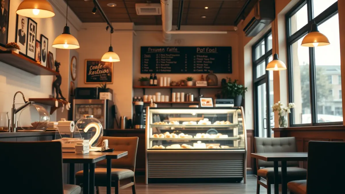 Imaxe xenérica dunha cafetería acolledora con pastelería.