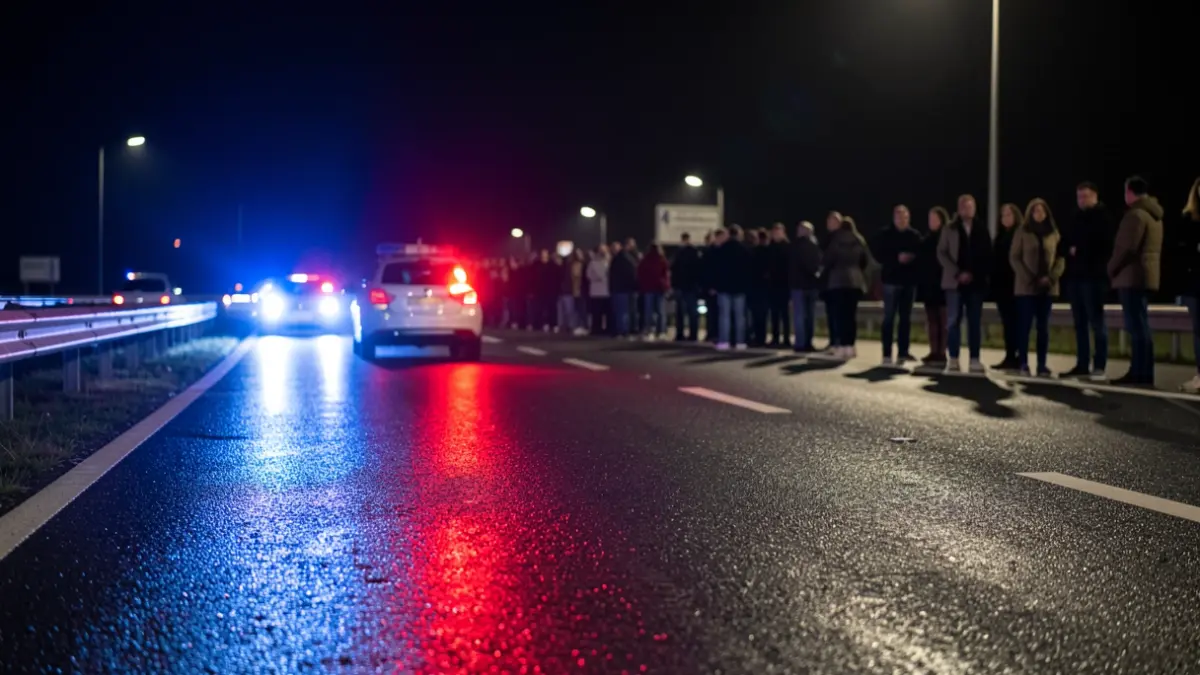 Imagen genérica de luces de emergencia azules y rojas reflejando en una autopista mojada por la noche.