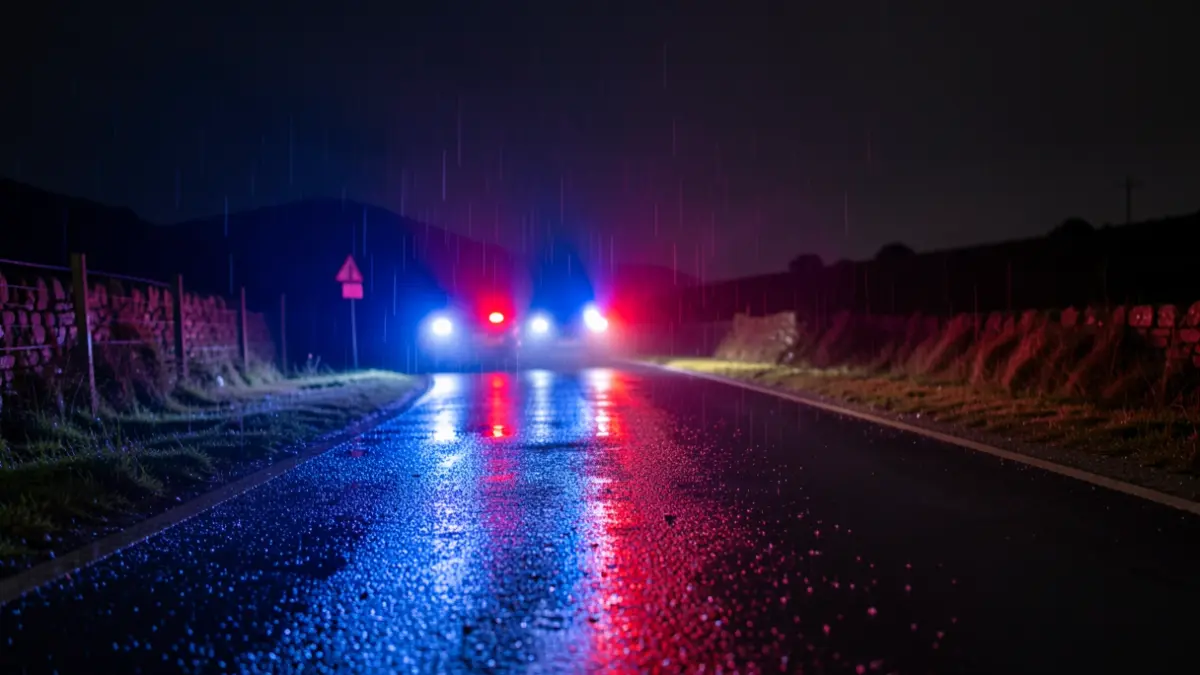 Imagen genérica de luces de emergencia reflejando en una carretera mojada por la noche.