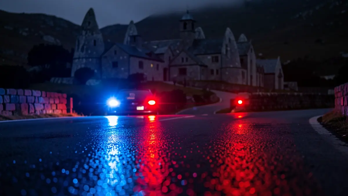 Imagen genérica de luces de emergencia reflejando en una carretera mojada por la noche.