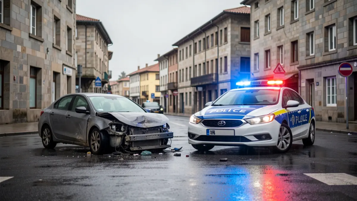 Imaxe xenérica dun accidente de tráfico con vehículos danificados e luces de emerxencia.