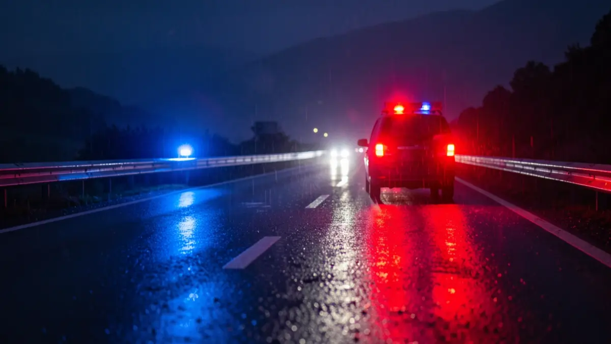 Imagen genérica de luces de emergencia azules y rojas reflejando en el asfalto mojado por la noche en una carretera gallega.