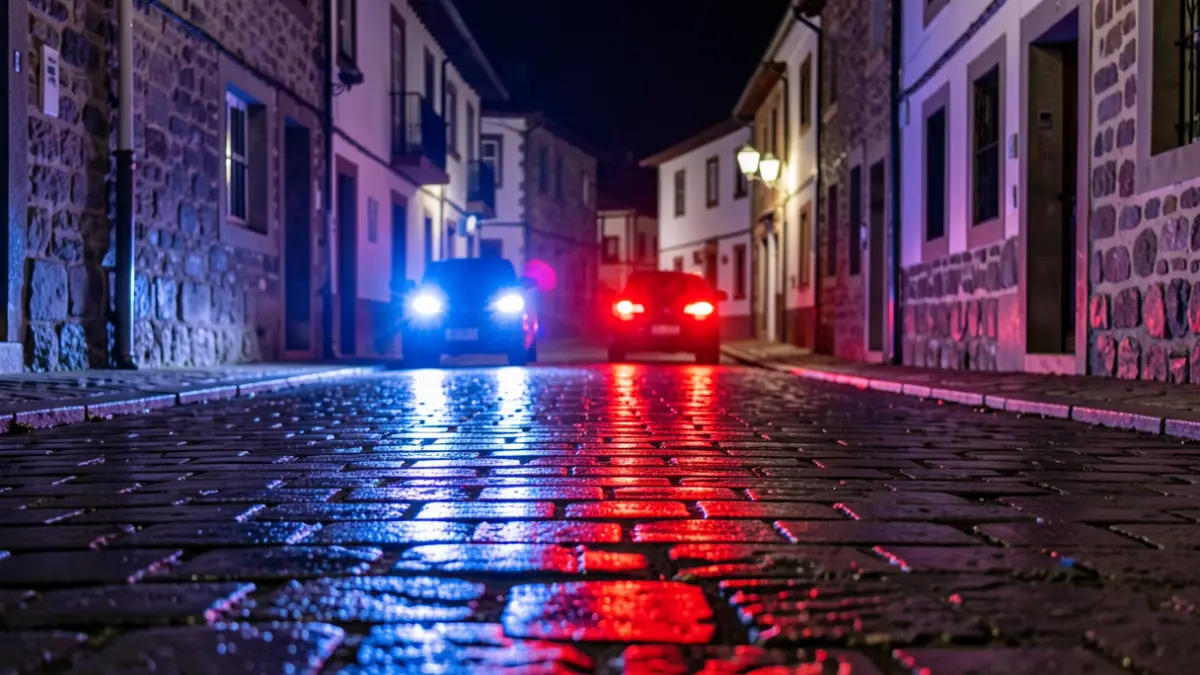Imagen genérica de luces de emergencia azules y rojas reflejando en una calle asfaltada mojada por la noche.