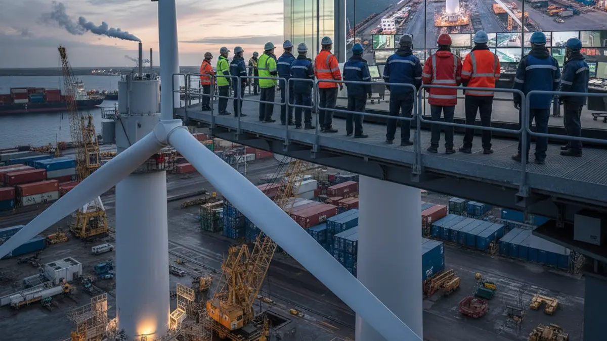 Imagen de un dron inspeccionando una estructura eólica marina en un astillero.
