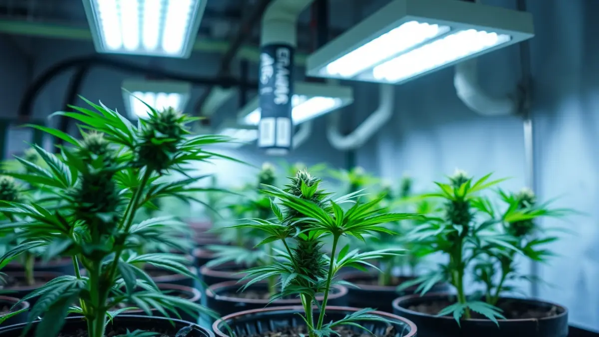 Imaxe xenérica de plantas de marihuana en macetas nun invernadoiro interior.