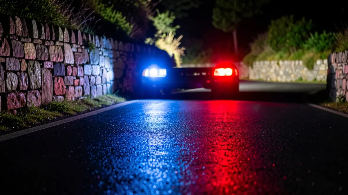 Imagen genérica de luces de emergencia reflejando en una carretera mojada por la noche.
