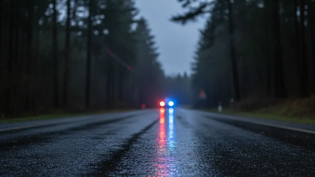 Imagen genérica de luces de emergencia reflejándose sobre asfalto mojado por la noche.