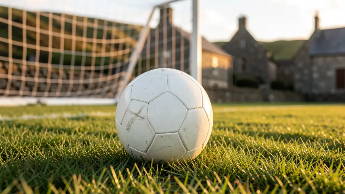 Imaxe xenérica dun balón de fútbol sobre herba cunha rede borrosa ao fondo.