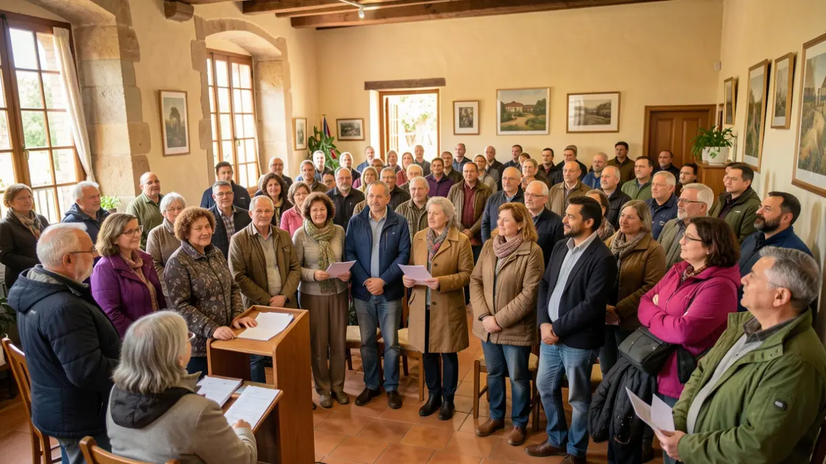 Imaxe xenérica de persoas reunidas nun centro comunitario en Galicia, escoitando atentamente.