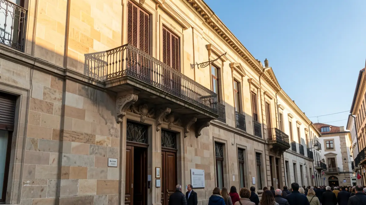 Imagen genérica de una fachada de ayuntamiento de piedra gallego con balcón ornamentado y barandillas de hierro, luz solar cálida de la tarde.