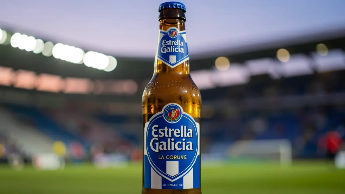 Botella de edición especial de Estrella Galicia con os colores do Deportivo.